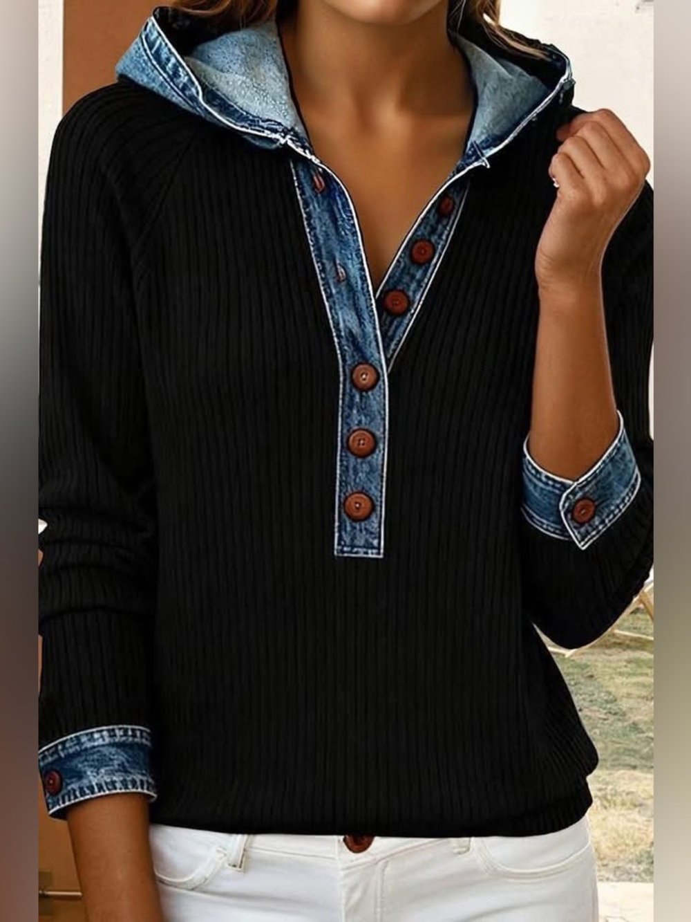 Black Ribbed Pullover with Denim Trim Hoodie